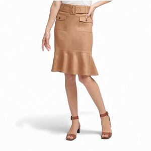 Calvin  Klein Size 6 Women's Tan Linen Blend Ruffle Hem Belted A-line Skirt